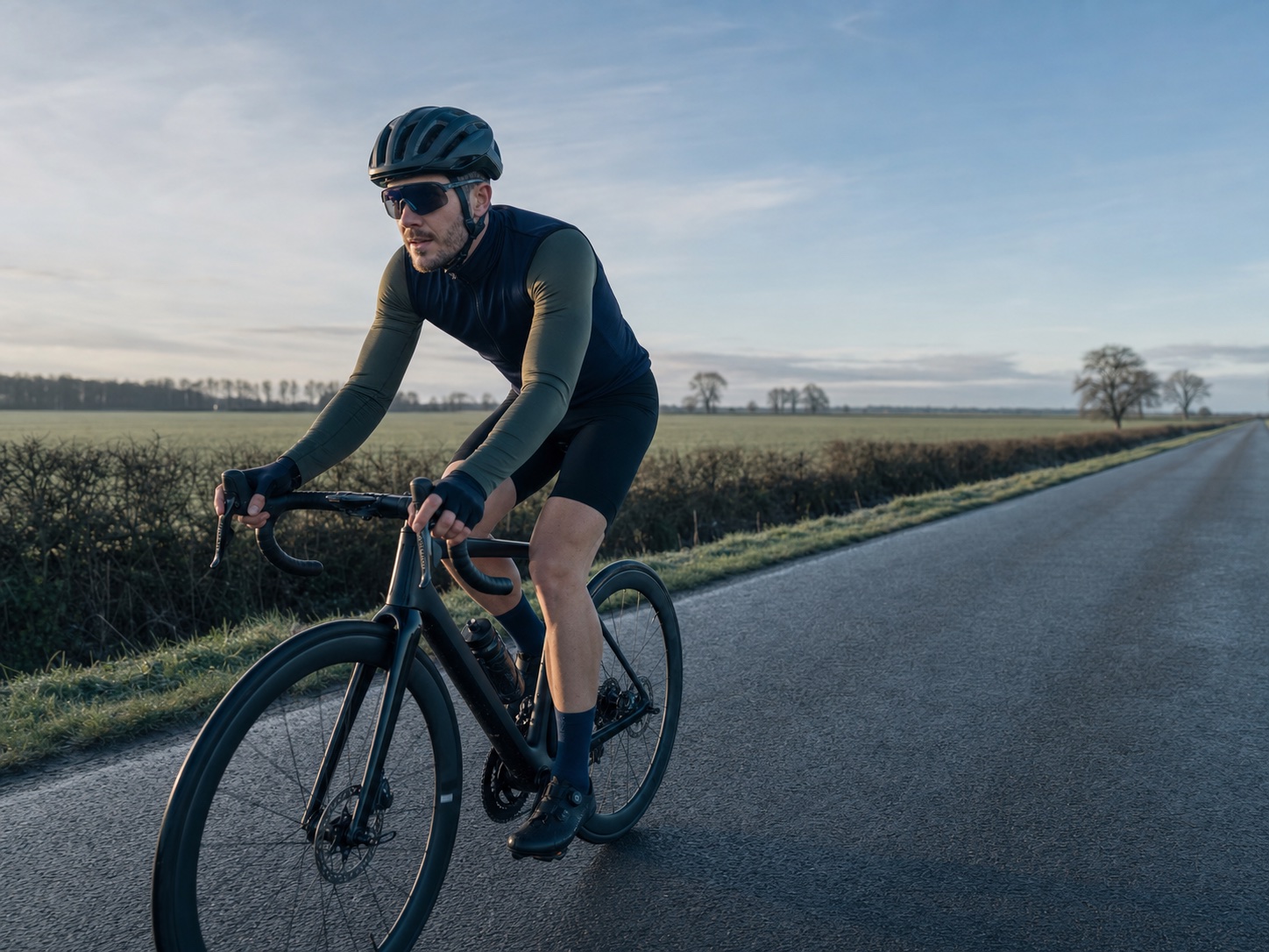 A cyclist riding a steady training session on a quiet road